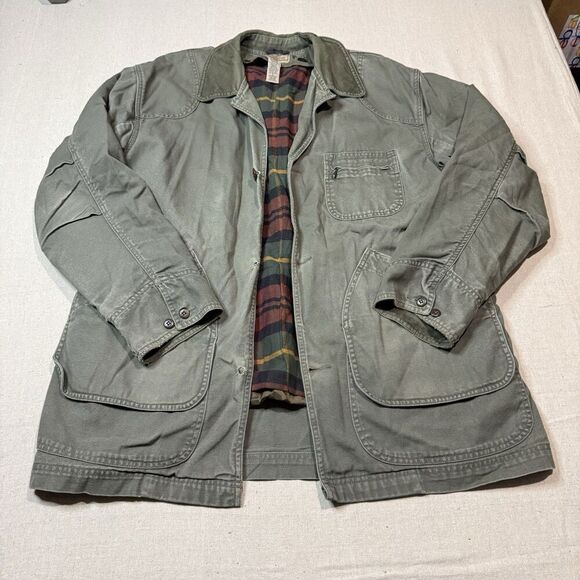 Vtg LL Bean Chore Field Barn Cotton Green Lined Coat Jacket Distressed Sz L - Picture 2 of 9
